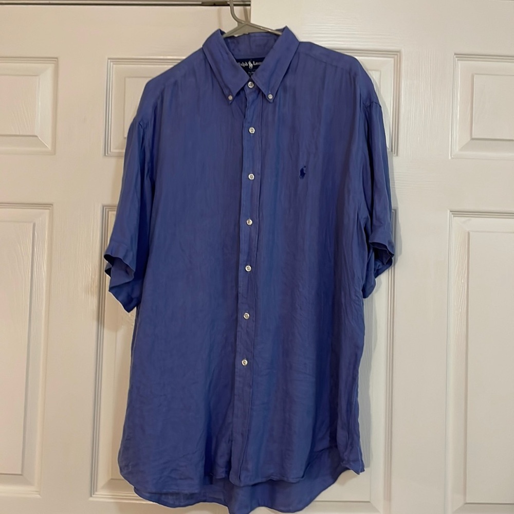 Ralph Lauren Blake Short Sleeve Casual Button Down Shirt Size XL. Linen. Blue
